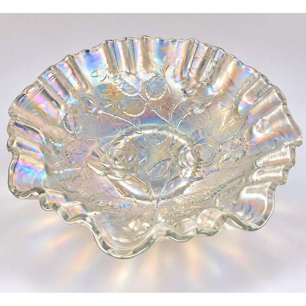 Antique c1911 Imperial Open Rose Ice White Carnival Glass Ruffled Bowl 9"